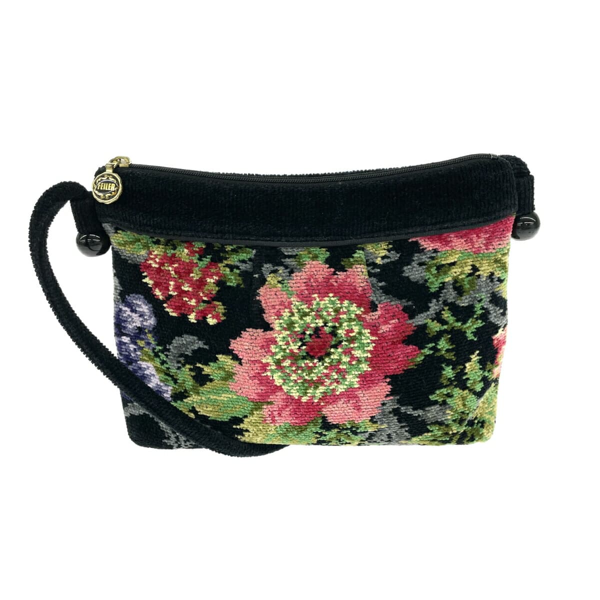 FEILER Shoulder Bag Floral Pattern Chenille Weave Black Ladies
