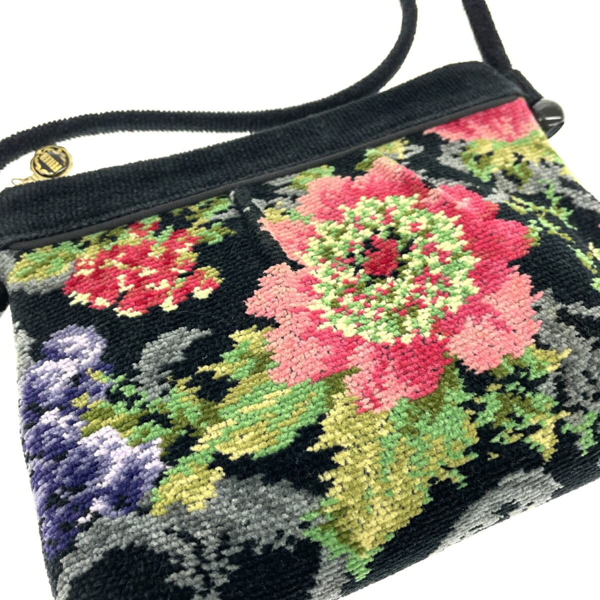 FEILER Shoulder Bag Floral Pattern Chenille Weave Black Ladies 7