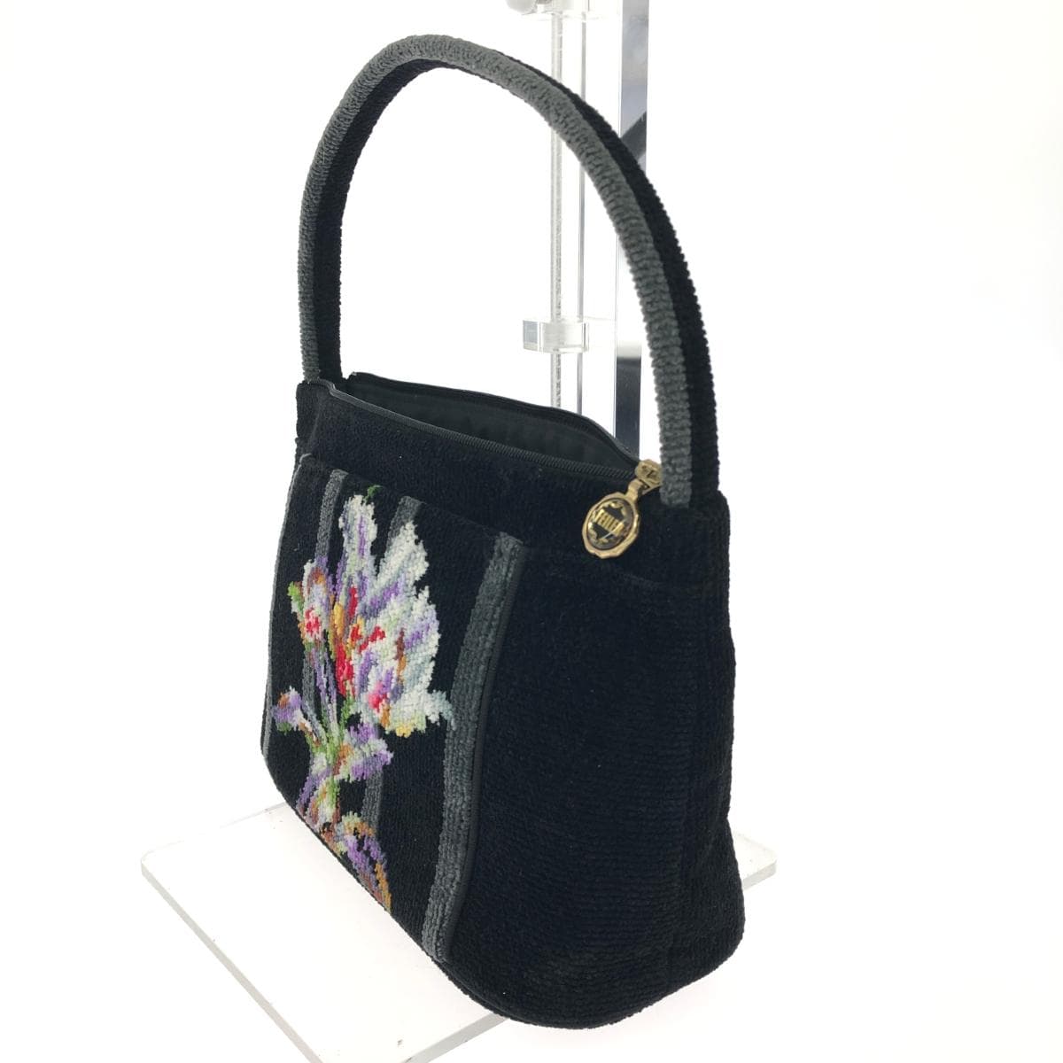 FEILER Handbag Floral Pattern / Chenille Weave Black Ladies 3
