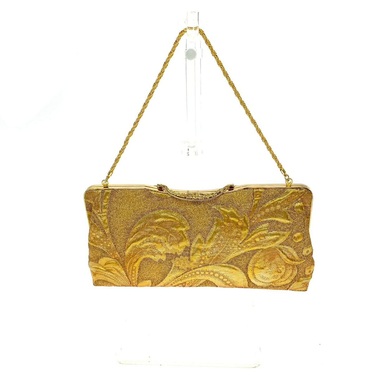 White Peony Hakubotan Frame Chain Clutch Bag Like New Kimono/Flower/Satin Gold Color Women's