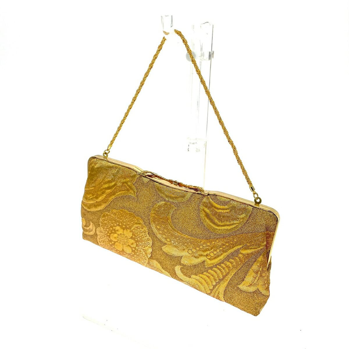 White Peony Hakubotan Frame Chain Clutch Bag Like New Kimono/Flower/Satin Gold Color Women's 3