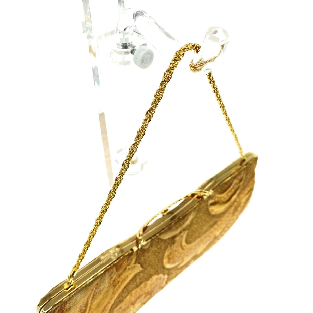 White Peony Hakubotan Frame Chain Clutch Bag Like New Kimono/Flower/Satin Gold Color Women's 4