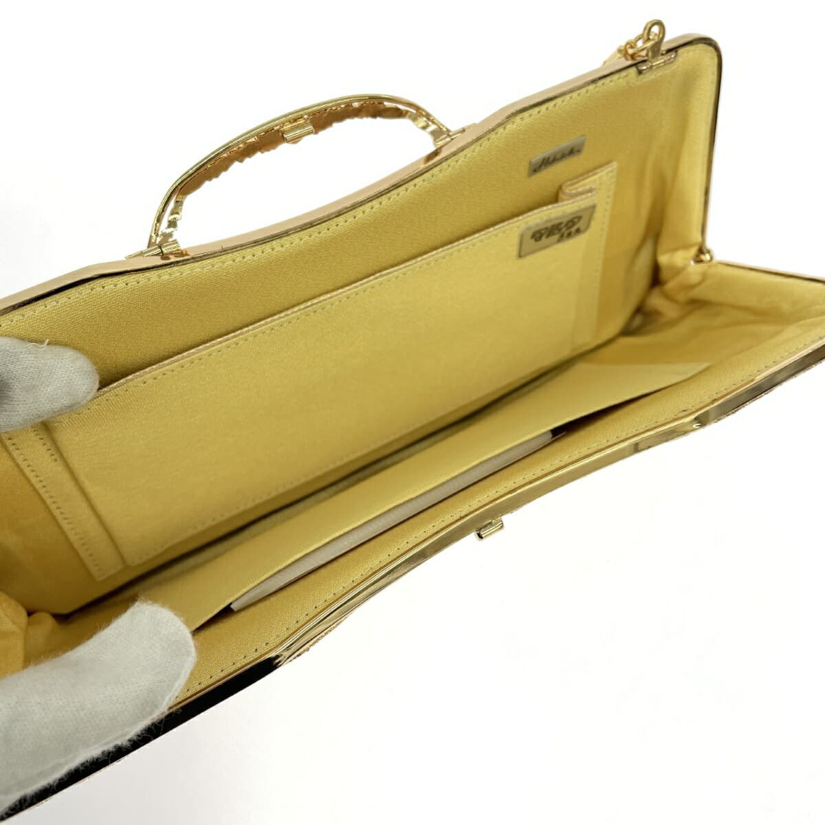 White Peony Hakubotan Frame Chain Clutch Bag Like New Kimono/Flower/Satin Gold Color Women's 7