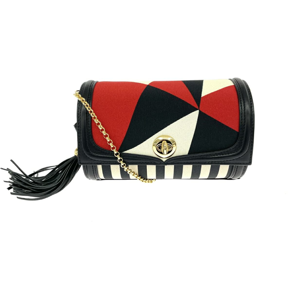 Enevare 2WAY party bag in good condition, chain, stripe, tassel, satin, black, women's