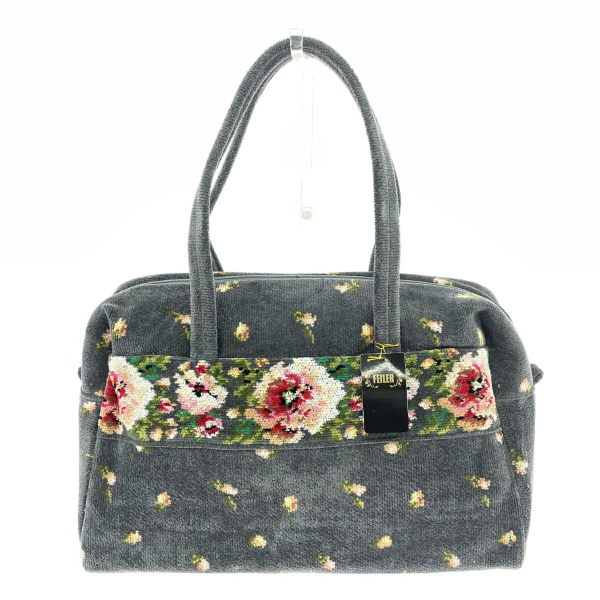 FEILER Mini Boston Bag Like New Moonlight Flower/Chenille Weave Gray Ladies