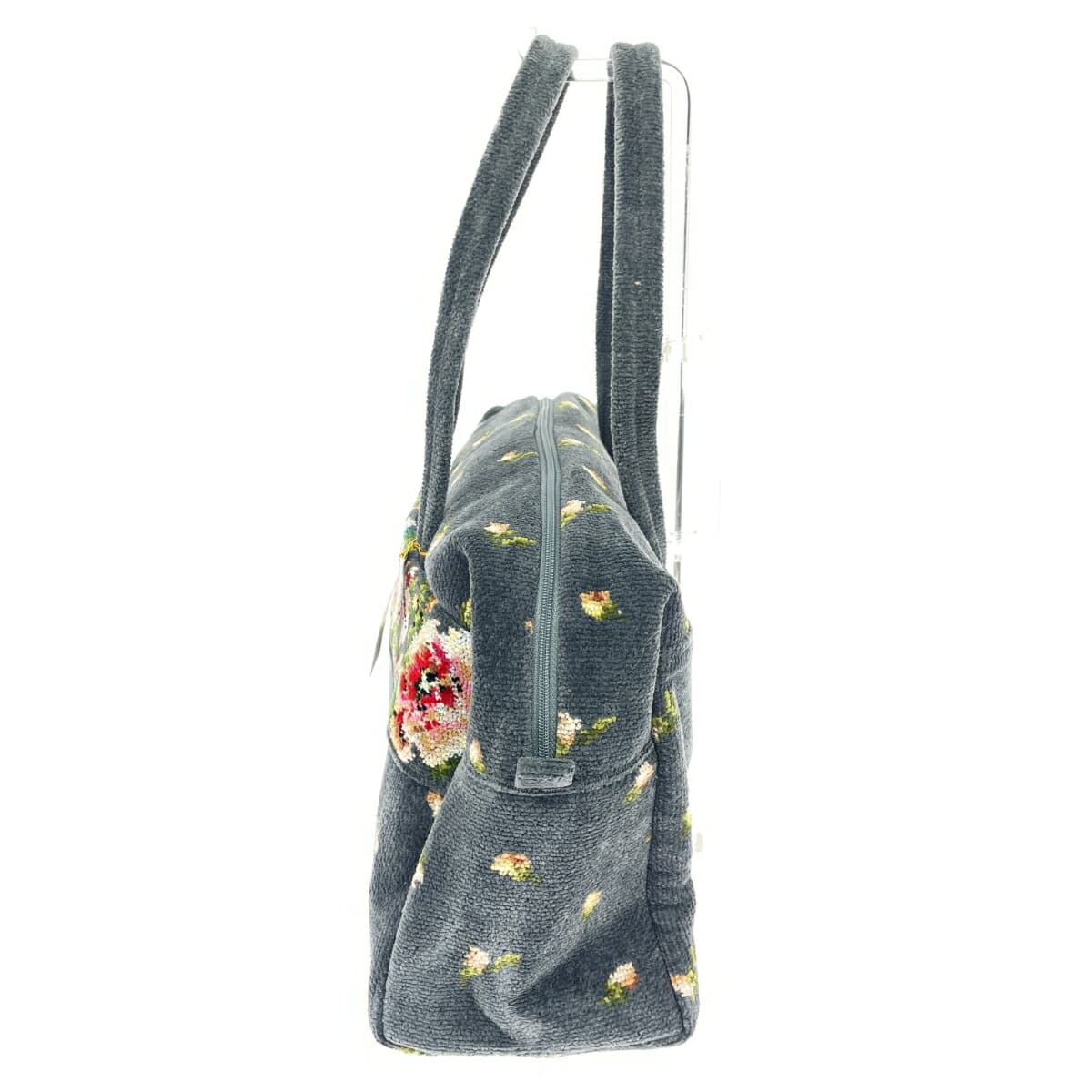 FEILER Mini Boston Bag Like New Moonlight Flower/Chenille Weave Gray Ladies 2