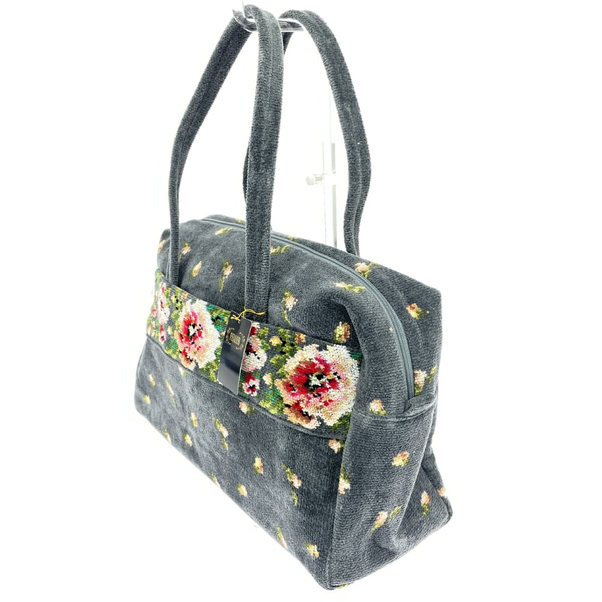 FEILER Mini Boston Bag Like New Moonlight Flower/Chenille Weave Gray Ladies 3