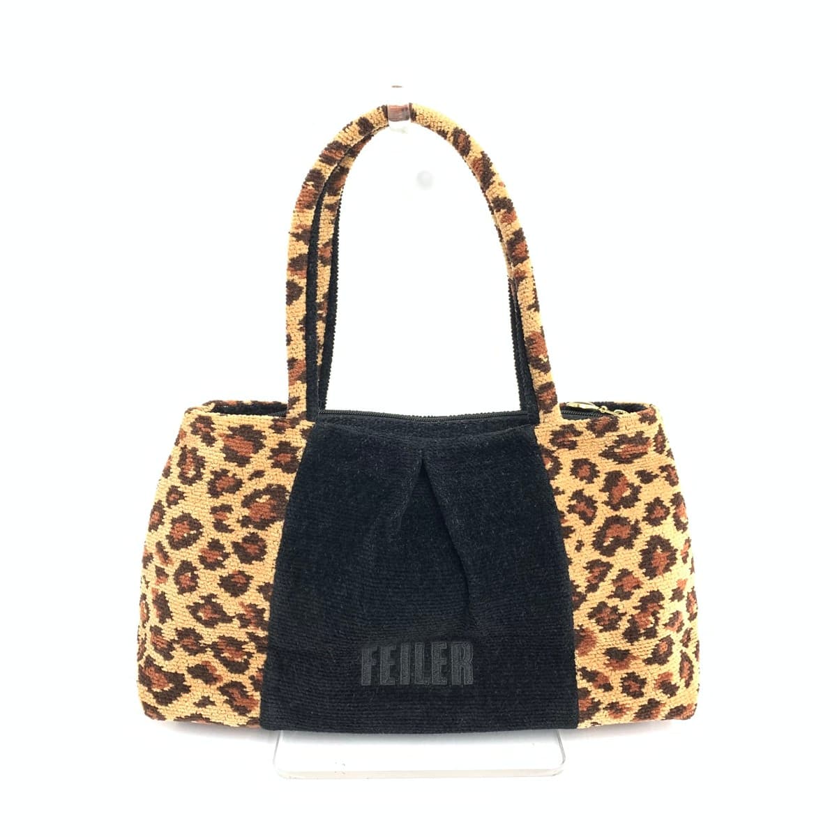 FEILER Tote Bag Good Condition Leopard Chenille Weave Black/Brown Ladies