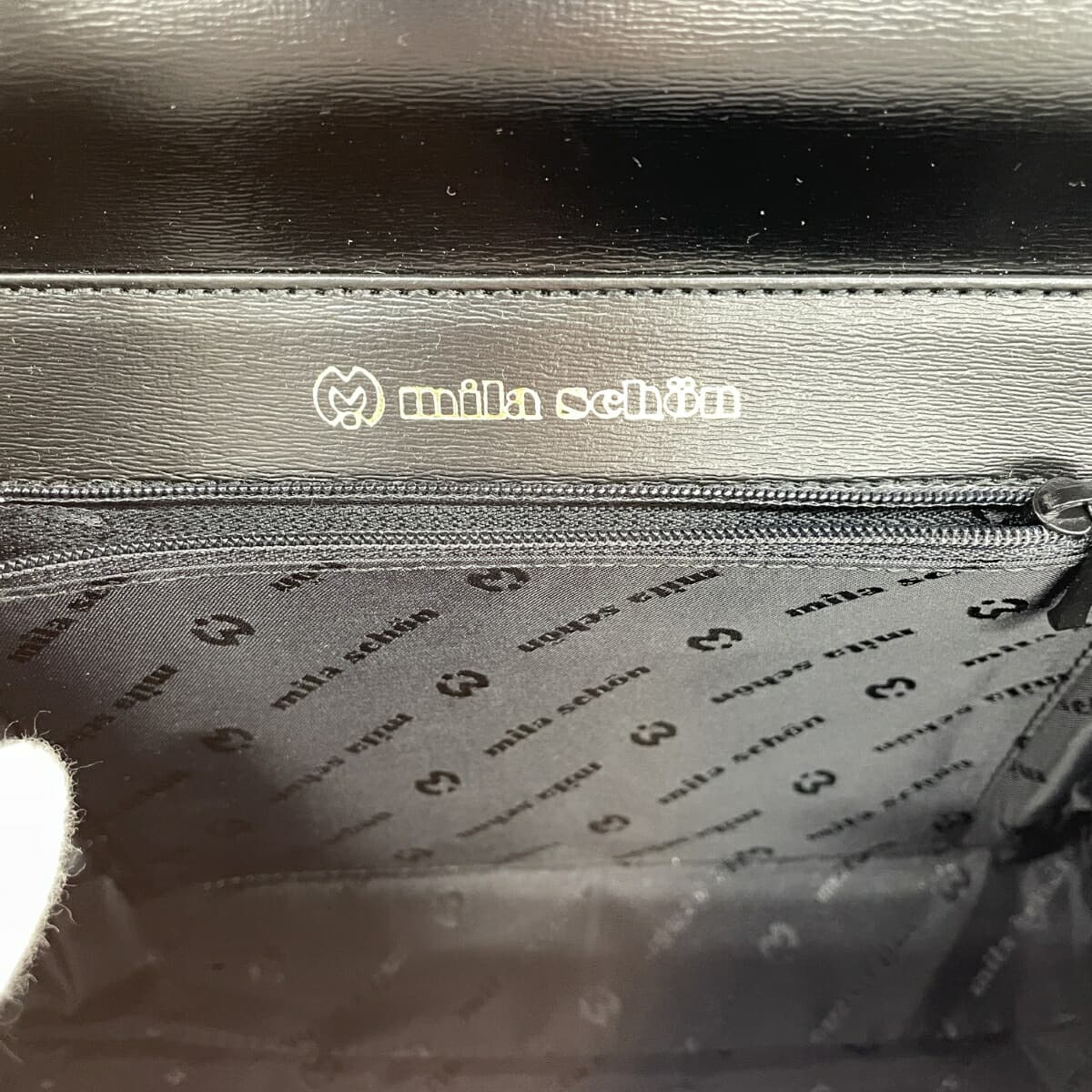 MILA SCHON handbag in good condition, leather, formal, black/gold color, for women 7