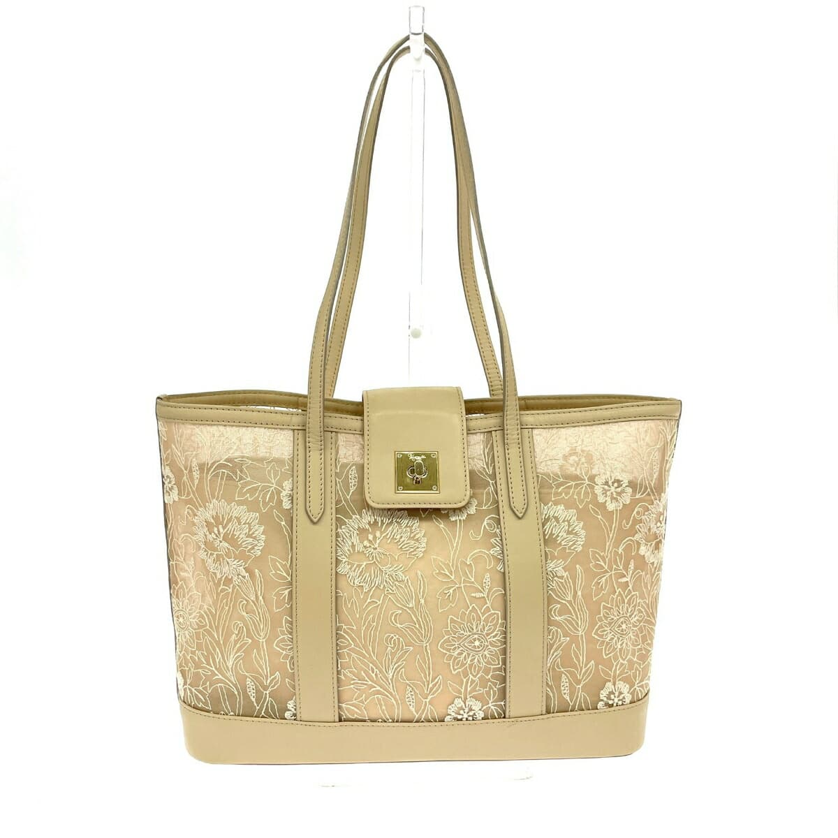 Ginza Kanematsu Mesh Tote Bag Organdy Floral Pattern Embroidery Leather Beige Ladies