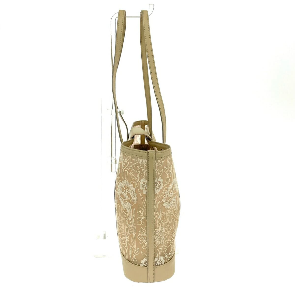 Ginza Kanematsu Mesh Tote Bag Organdy Floral Pattern Embroidery Leather Beige Ladies 2