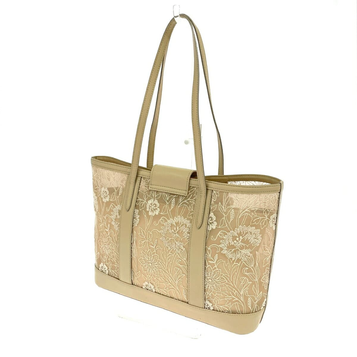 Ginza Kanematsu Mesh Tote Bag Organdy Floral Pattern Embroidery Leather Beige Ladies 3