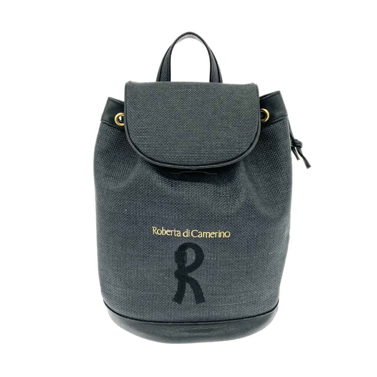 ROBERTA DI CAMERINO Drawstring Backpack with Logo Embroidery, Mesh, Fake Straw, Black, Ladies