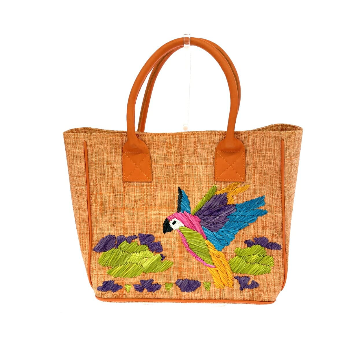 Serpui Marie basket bag in good condition, bird pattern, made of natural grass, orange, for ladies