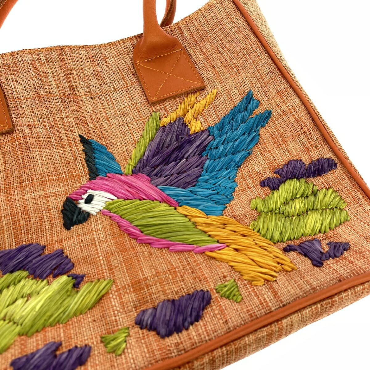 Serpui Marie basket bag in good condition, bird pattern, made of natural grass, orange, for ladies 9