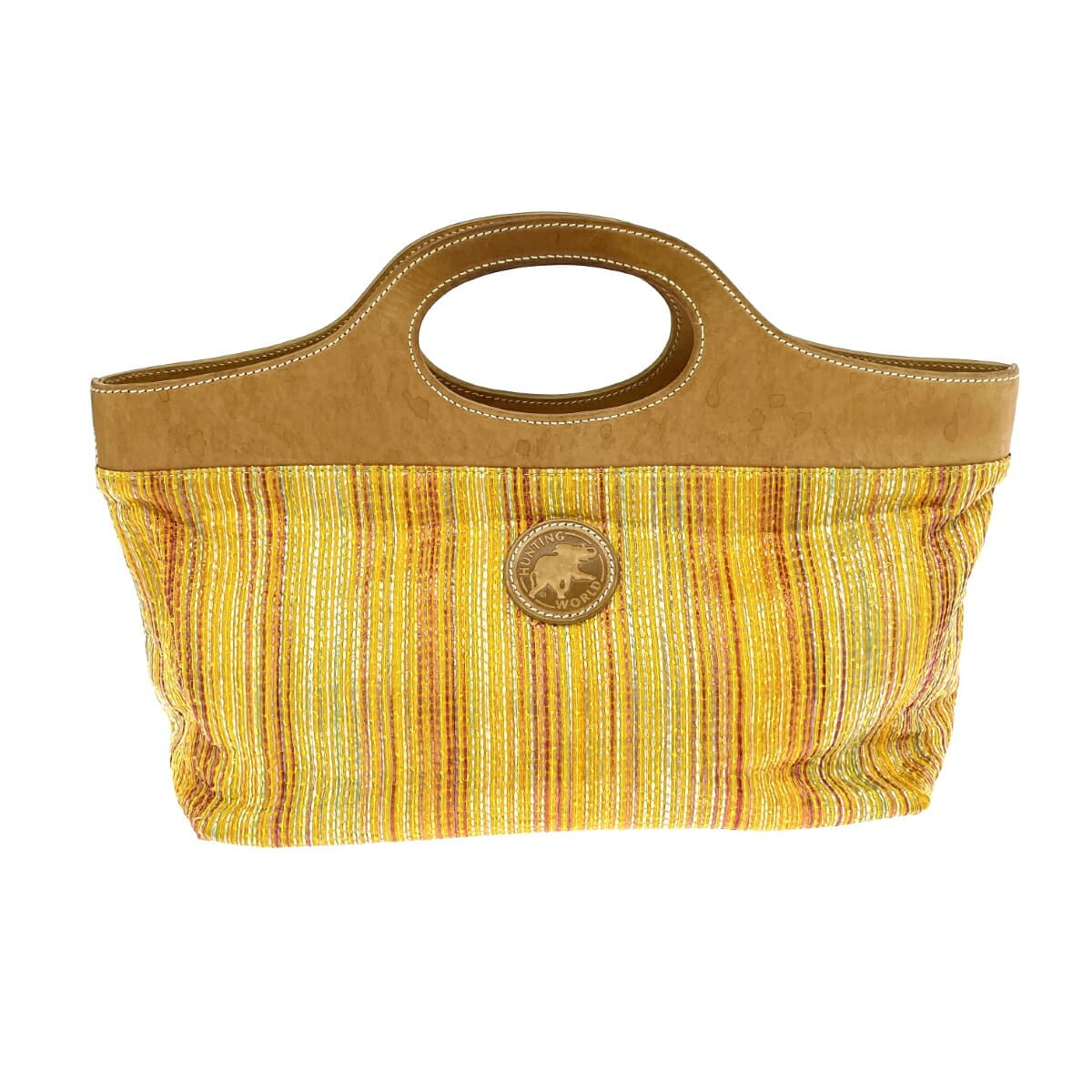 HUNTING WORLD Hunting World Handbag Stripe Pattern Woven Satin Leather Yellow Ladies