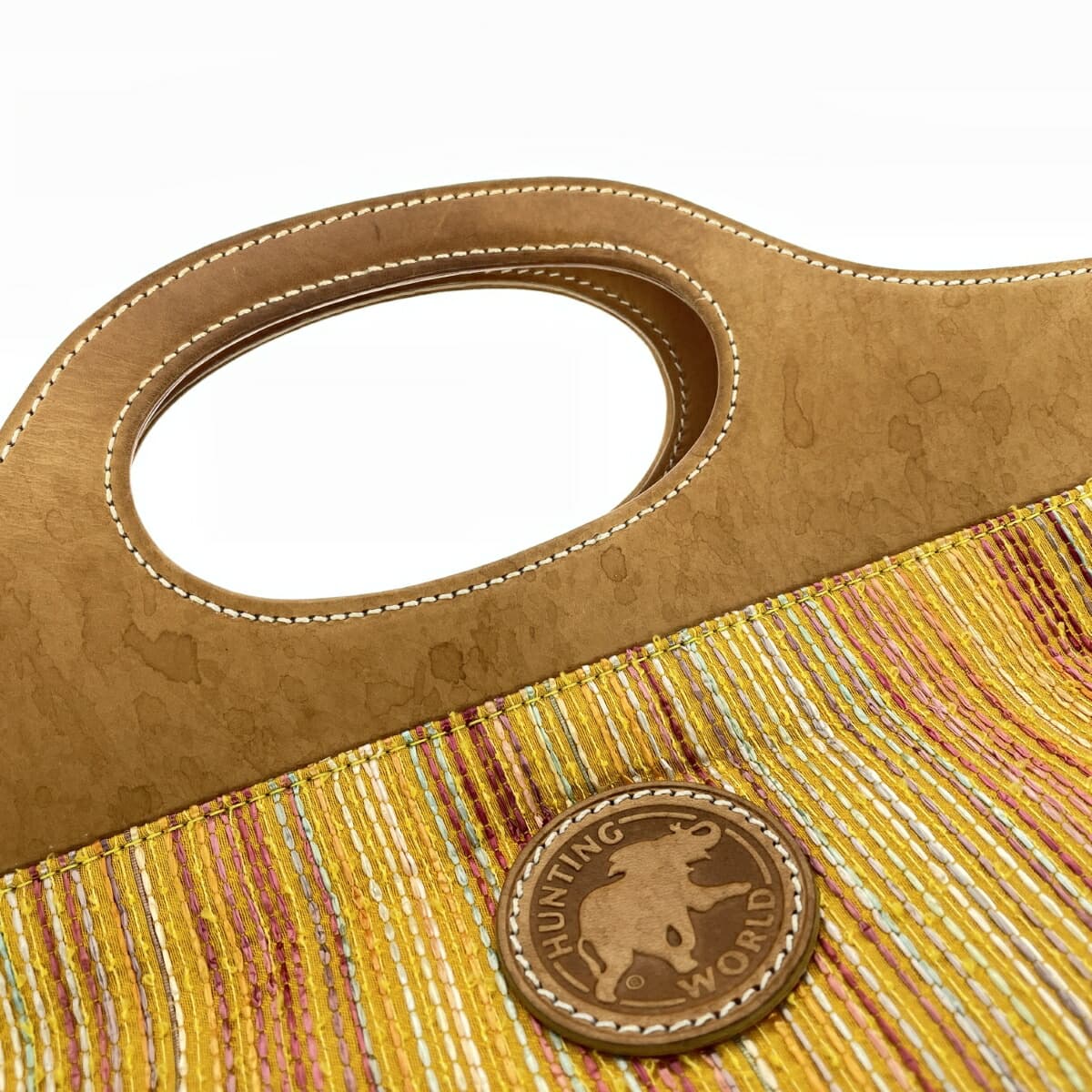 HUNTING WORLD Hunting World Handbag Stripe Pattern Woven Satin Leather Yellow Ladies 10