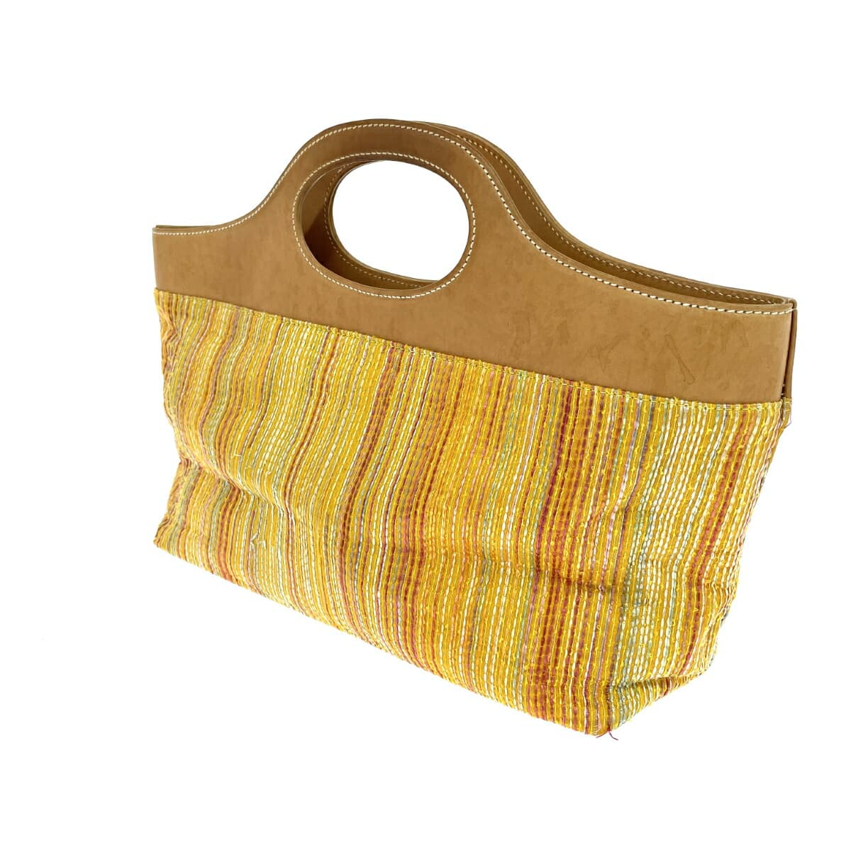 HUNTING WORLD Hunting World Handbag Stripe Pattern Woven Satin Leather Yellow Ladies 3