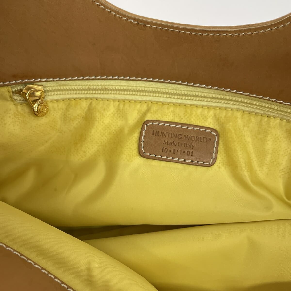 HUNTING WORLD Hunting World Handbag Stripe Pattern Woven Satin Leather Yellow Ladies 6