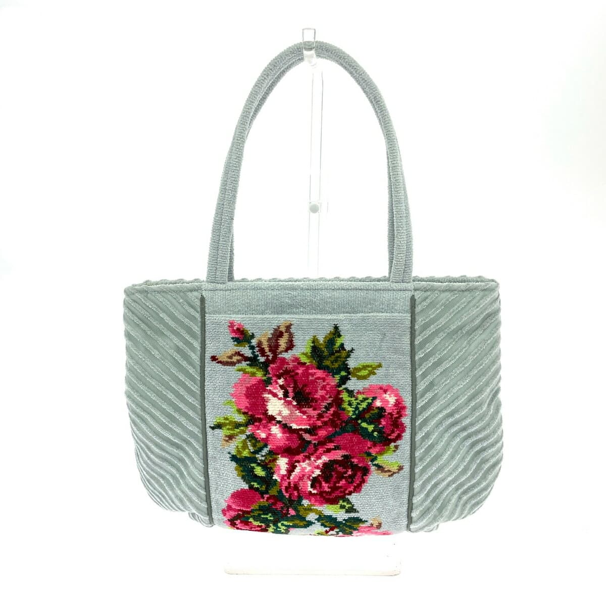 FEILER Tote Bag in Excellent Condition, Floral Pattern, Mesh, Chenille Weave, Light Gray, Gray, Ladies