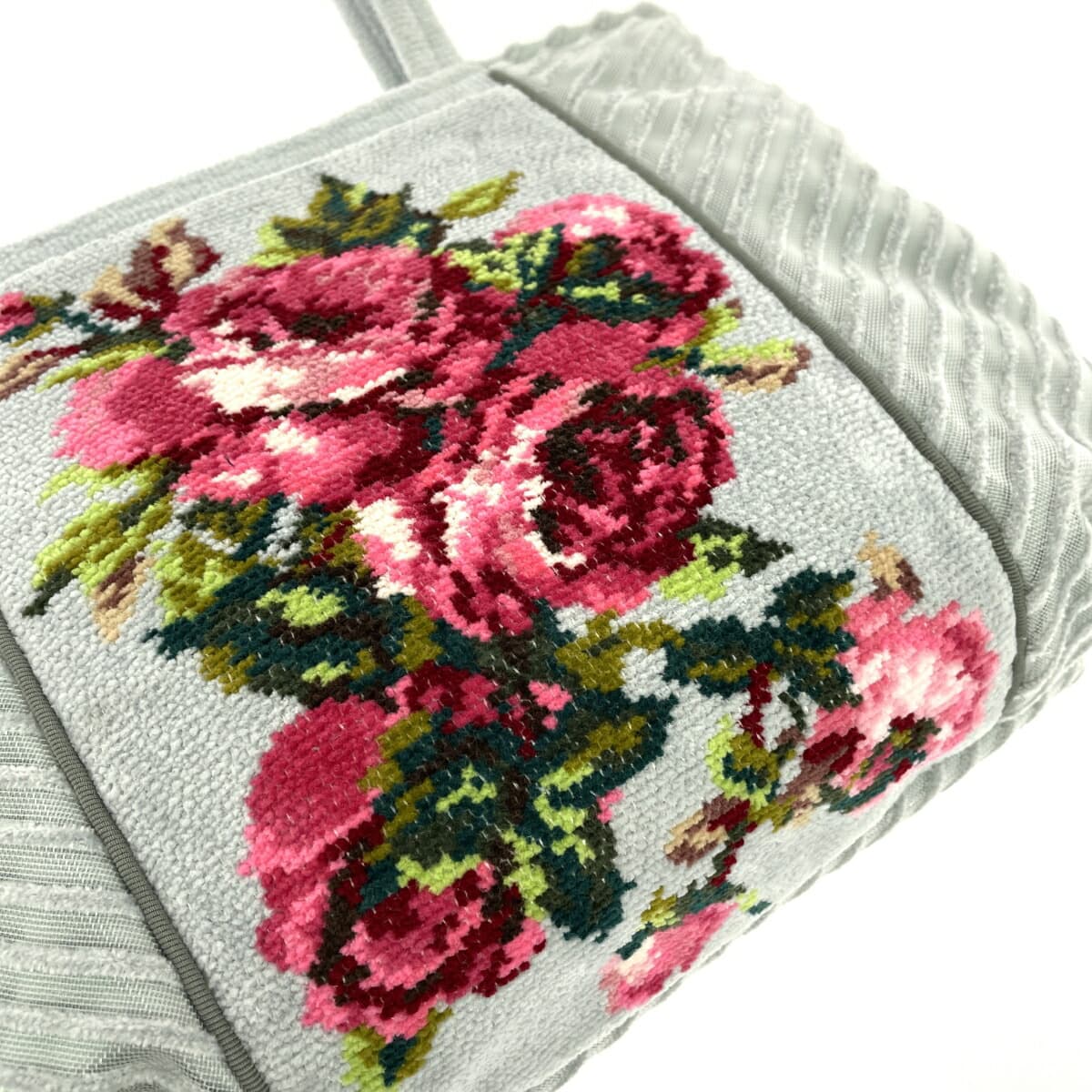 FEILER Tote Bag in Excellent Condition, Floral Pattern, Mesh, Chenille Weave, Light Gray, Gray, Ladies 6