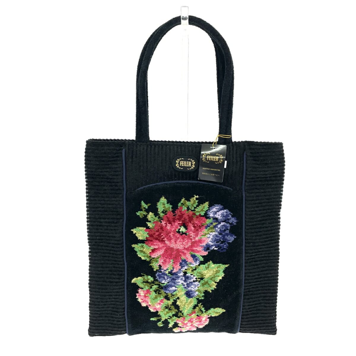 FEILER Tote Bag Like New Floral Pattern Mesh Chenille Weave Black Ladies