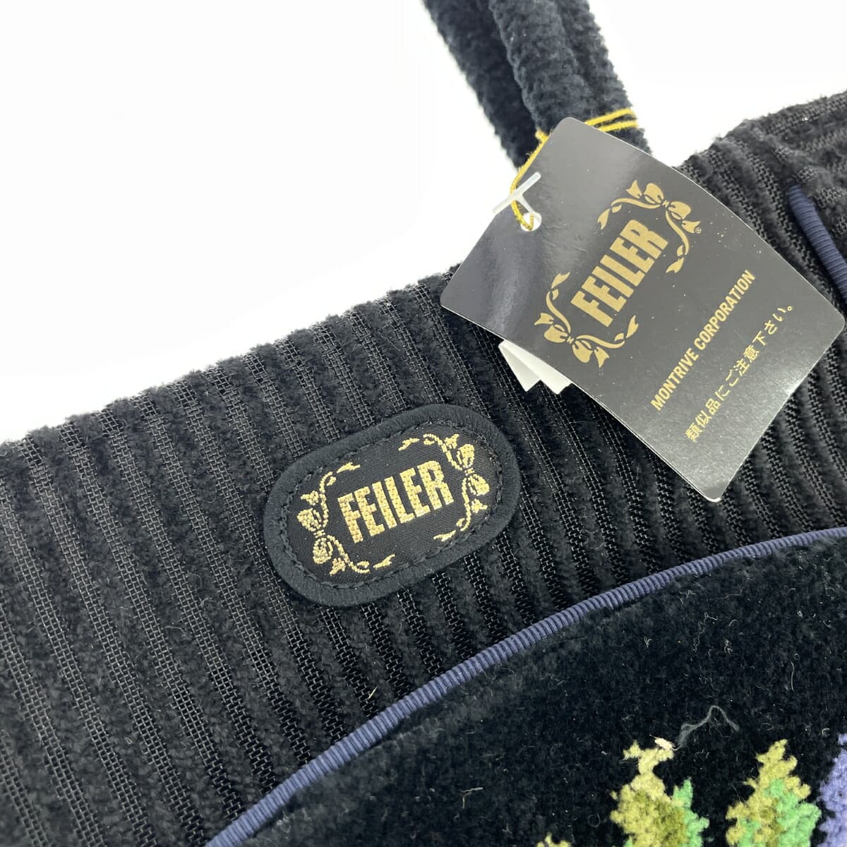 FEILER Tote Bag Like New Floral Pattern Mesh Chenille Weave Black Ladies 6