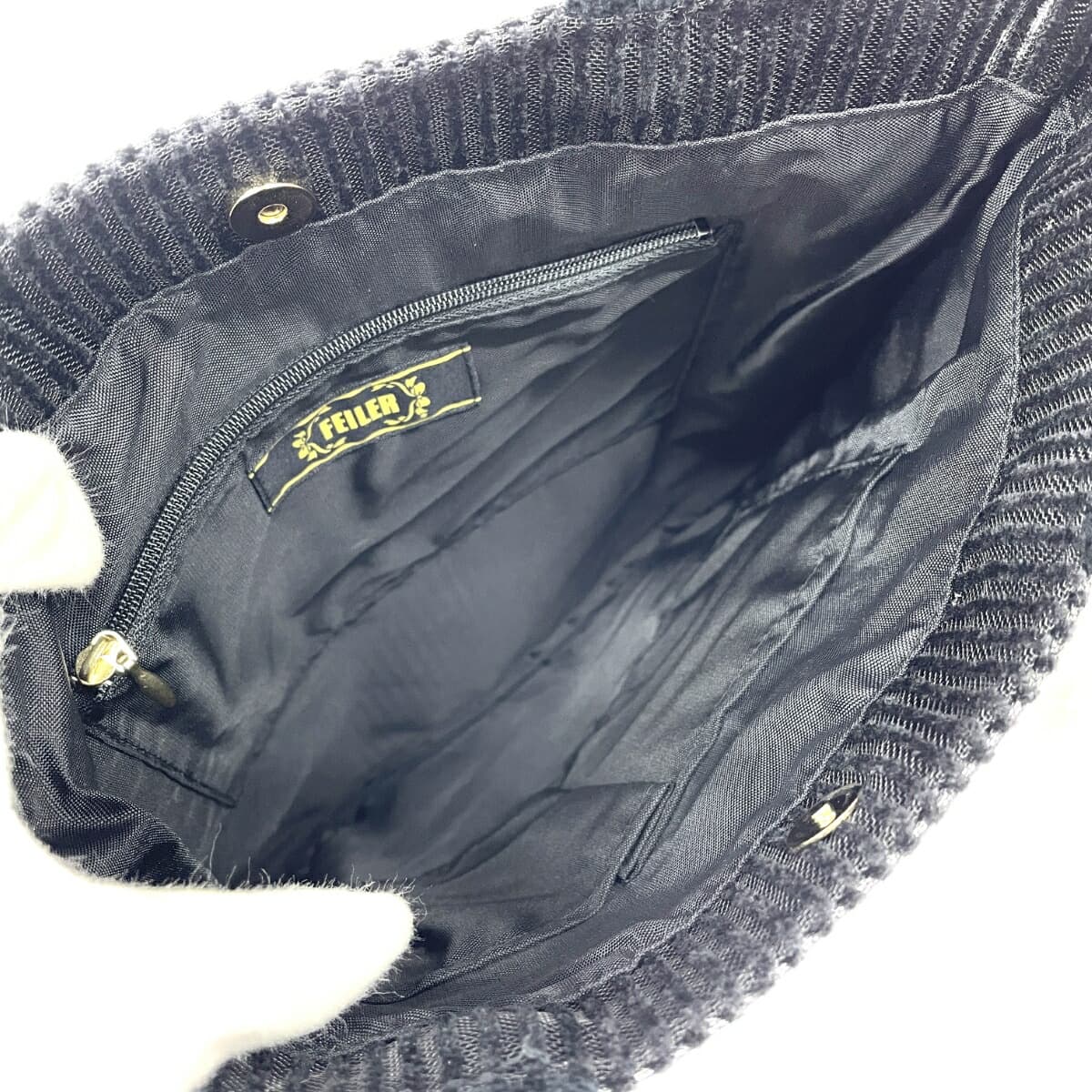 FEILER Tote Bag Like New Floral Pattern Mesh Chenille Weave Black Ladies 7