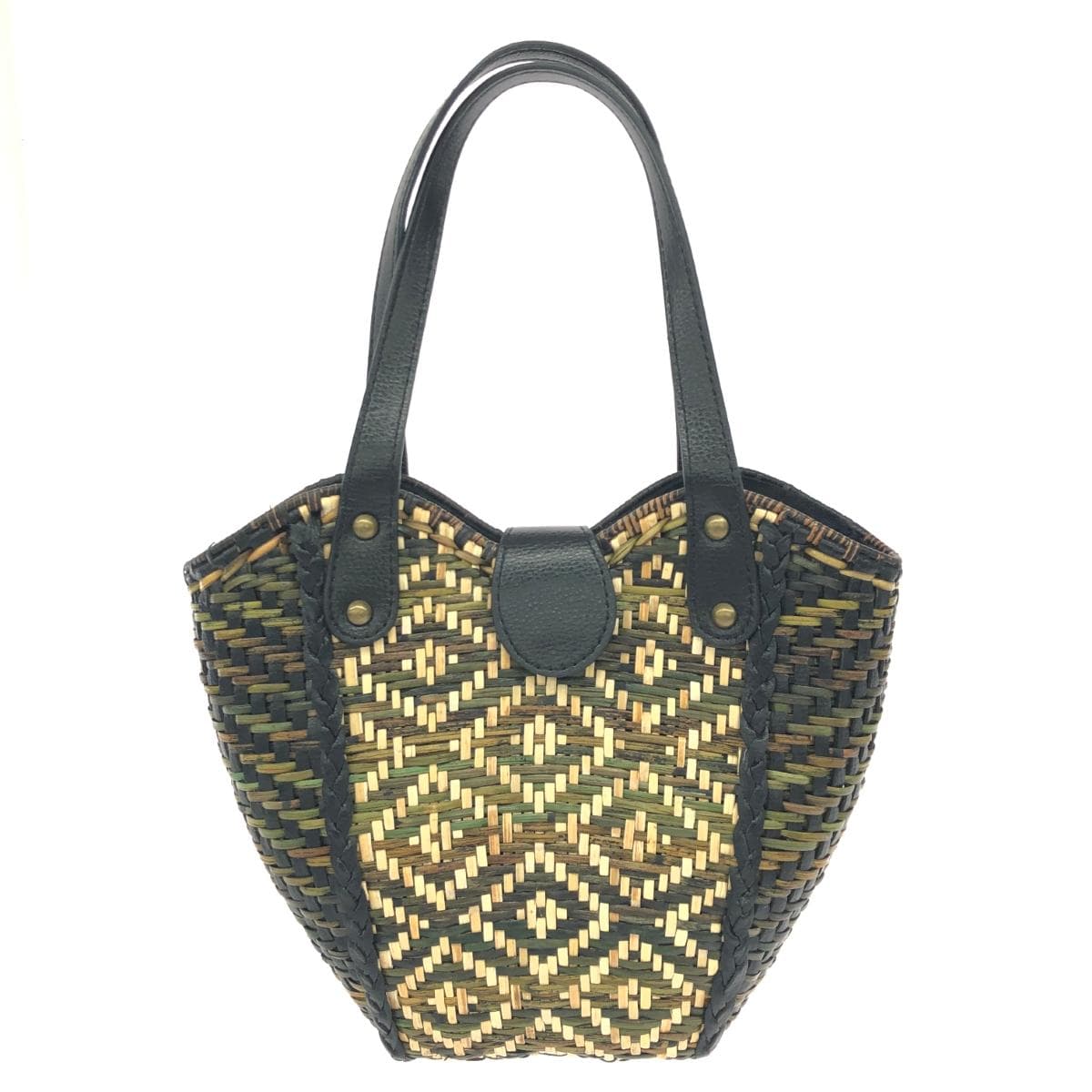 S C Vizcarra basket bag in good condition, leather handle/natural grass, black, ladies