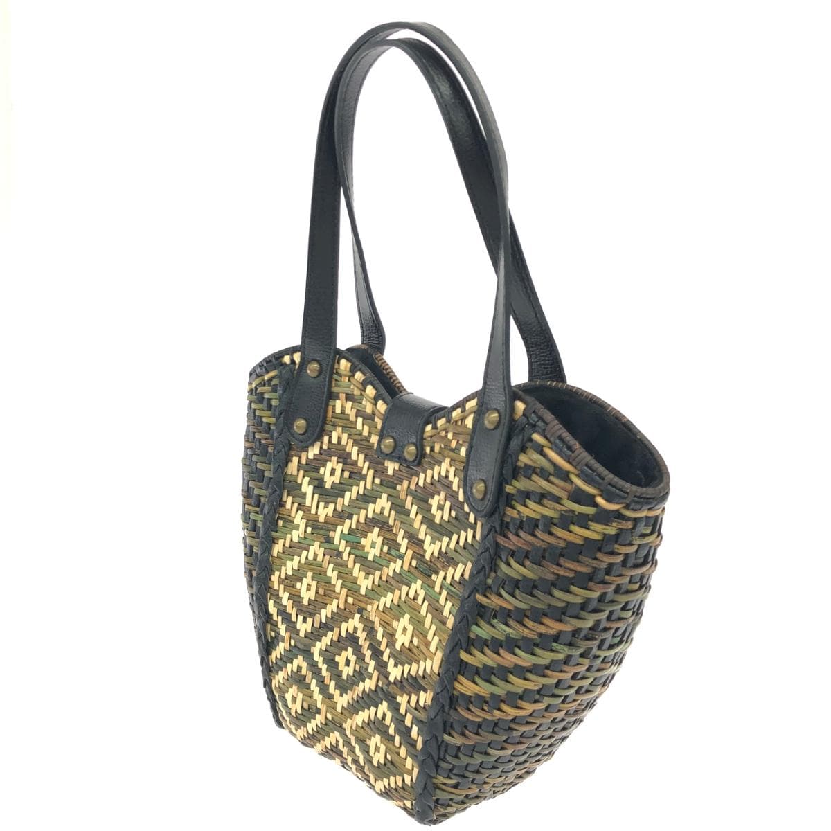 S C Vizcarra basket bag in good condition, leather handle/natural grass, black, ladies 3