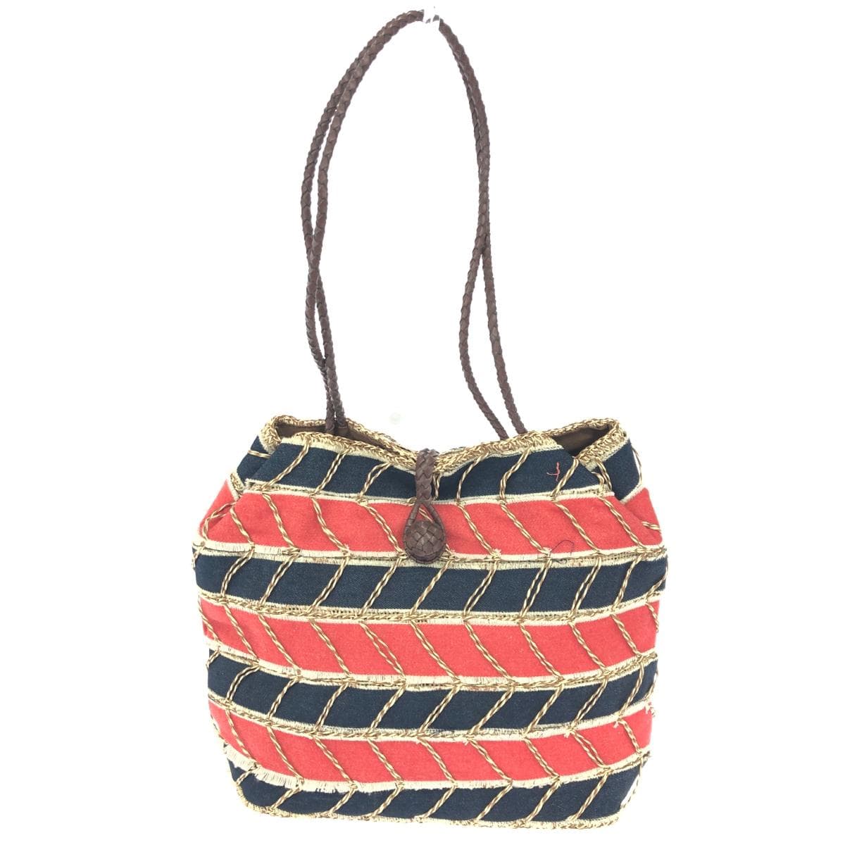 No brand wicker bag, unused, woven handle/denim, multicolor, women's