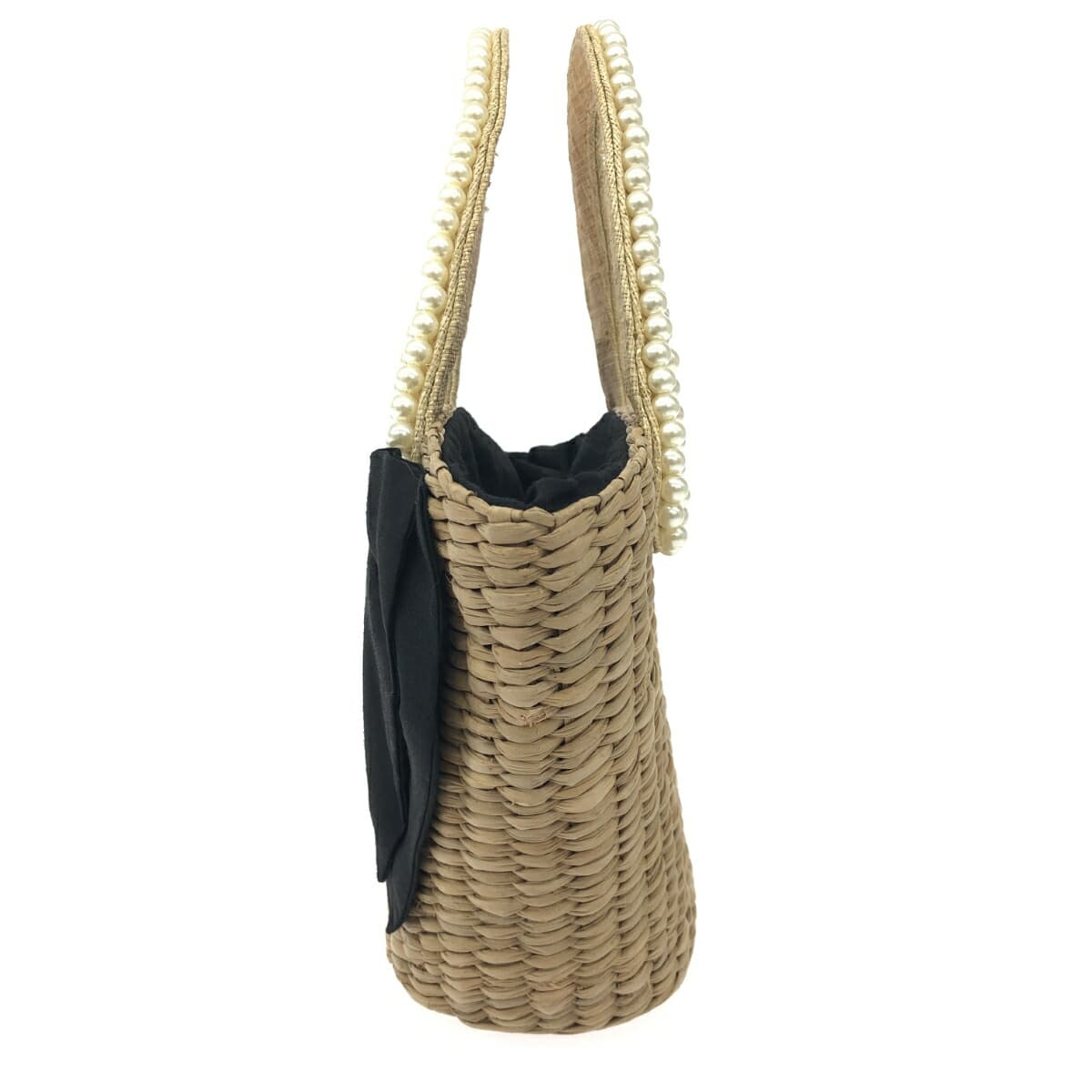 Rougeloup Rouge Rue basket bag in good condition, drawstring/fake pearl/ribbon/natural grass, beige, ladies 2