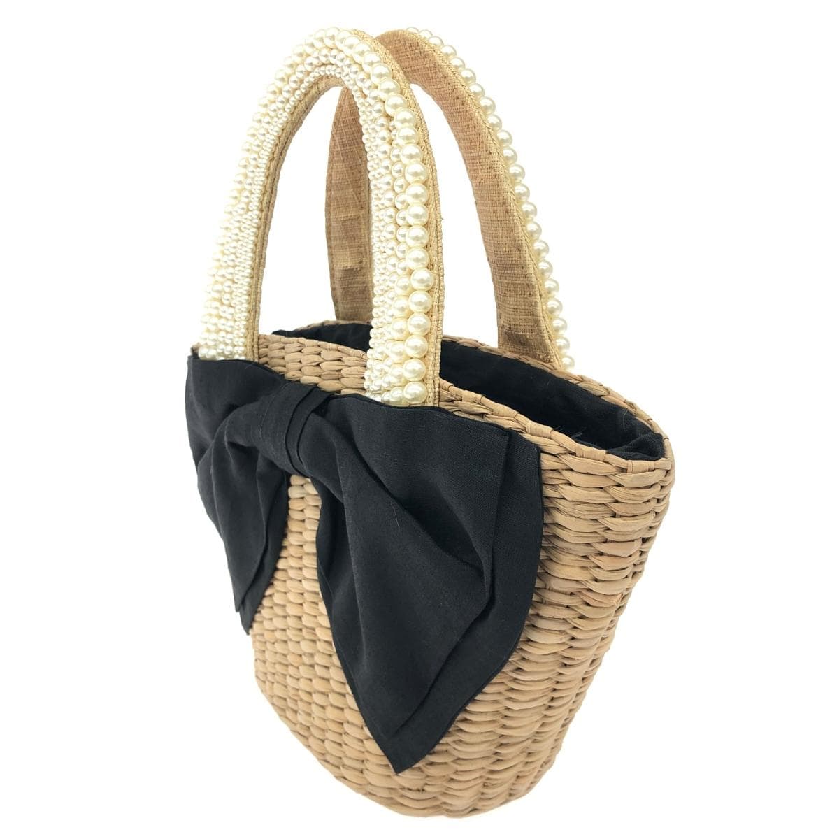 Rougeloup Rouge Rue basket bag in good condition, drawstring/fake pearl/ribbon/natural grass, beige, ladies 3