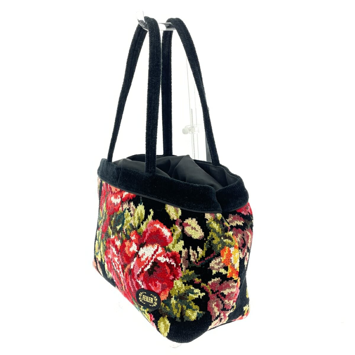 FEILER Tote Bag Chenille Weave/Rose Pattern Black Ladies 3