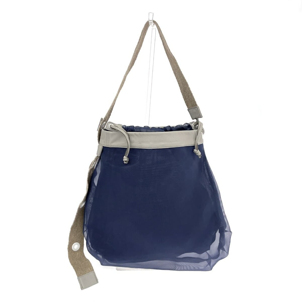 HIROKO HAYASHI Drawstring Shoulder Bag Good Condition Mesh Sheer Linen Tape Polyester Fabric Navy Women's