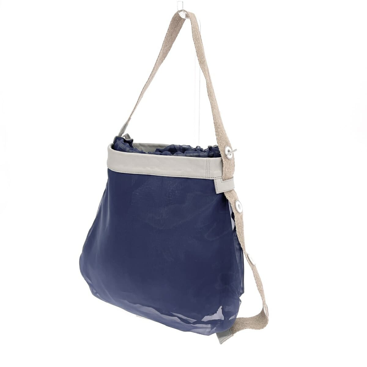 HIROKO HAYASHI Drawstring Shoulder Bag Good Condition Mesh Sheer Linen Tape Polyester Fabric Navy Women's 3