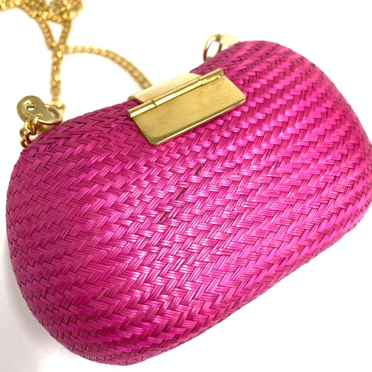 No-brand coin purse mini shoulder bag in good condition, chain, metal parts, wicker, natural grass, fuchsia, pink, for ladies 5