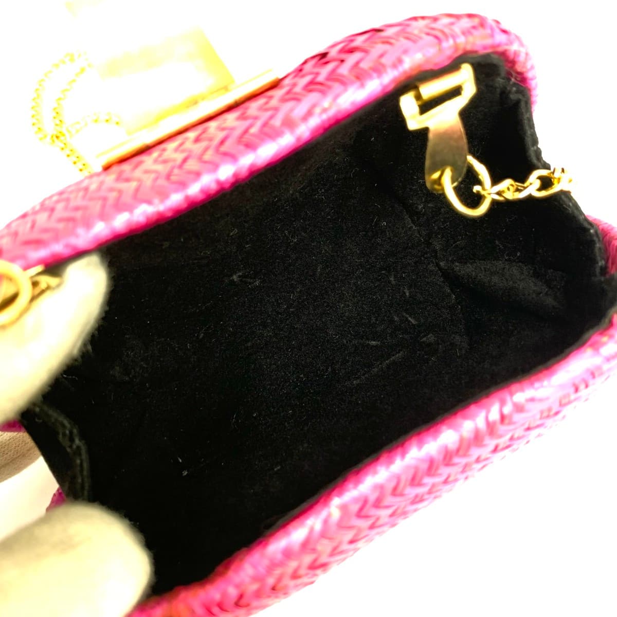 No-brand coin purse mini shoulder bag in good condition, chain, metal parts, wicker, natural grass, fuchsia, pink, for ladies 6