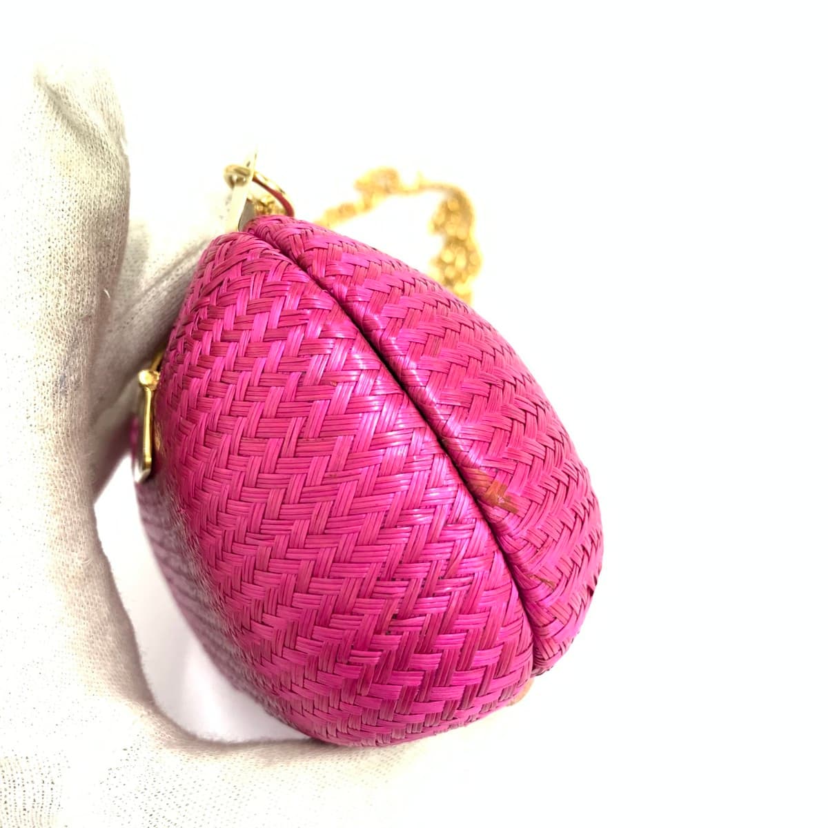 No-brand coin purse mini shoulder bag in good condition, chain, metal parts, wicker, natural grass, fuchsia, pink, for ladies 7