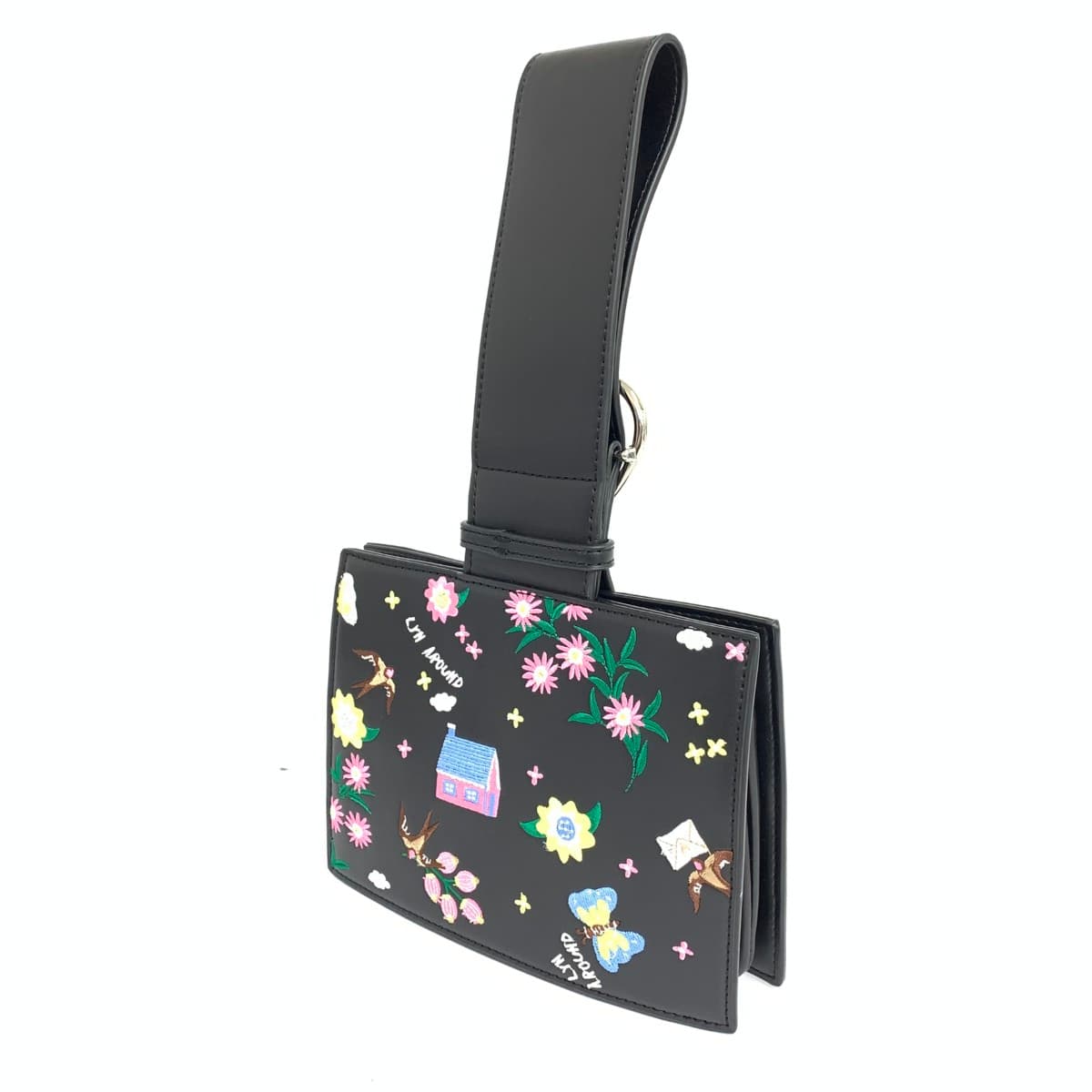 LYN Around Clutch Bag Good Condition Bird Flower Embroidery PVC Black Ladies 3