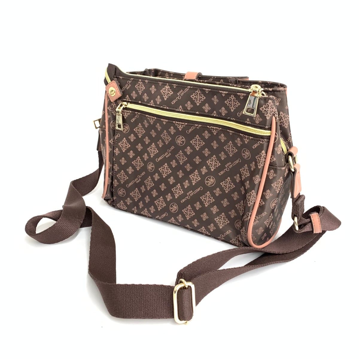 CHRISTIAN OLIVIER Shoulder Bag Excellent Condition Monogram Nylon Chocolate Pink Brown Ladies 3