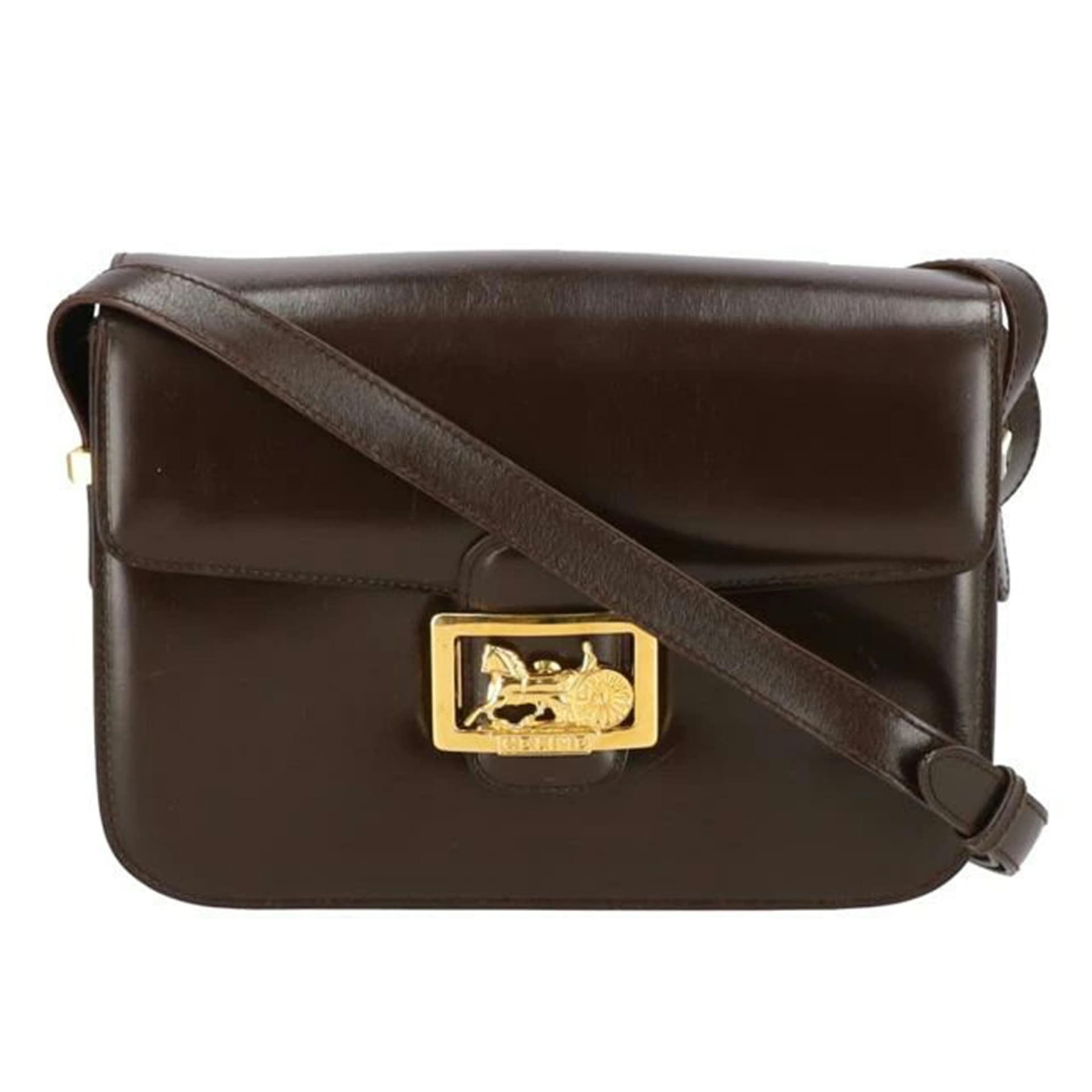 CELINE Carriage Hardware Buckle Flap Leather Shoulder Bag Brown AB Rank 24Used 2